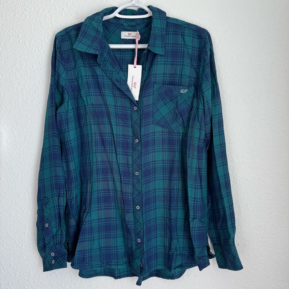 NWT Vineyard Vines Women's Flannel Plaid Chilmark Button Down Shirt Green Blue 8
